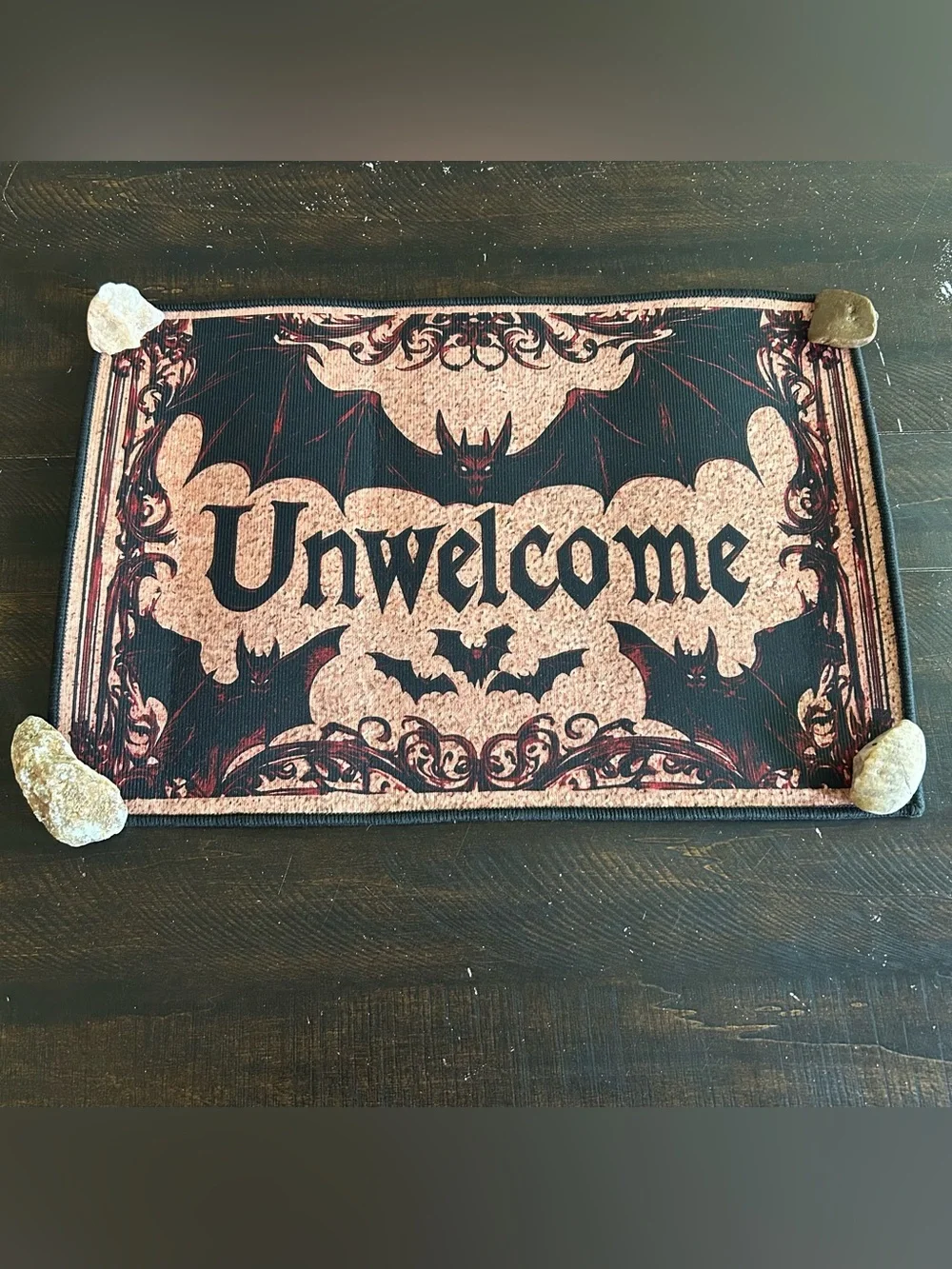 Unwelcome Gothic Bat Doormat - Black and Tan